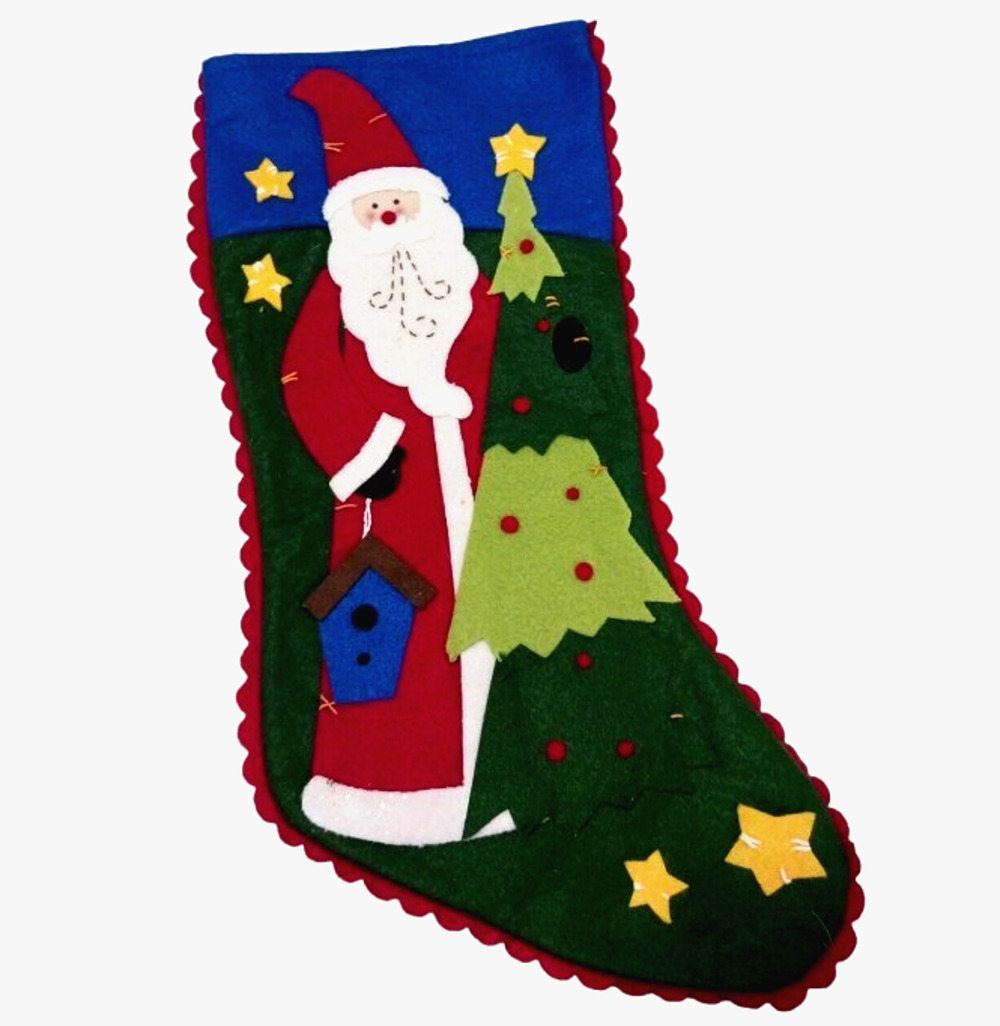 Holiday Stocking 18" Green Felt Patchwork Santa Claus Christmas Tree Whimsical